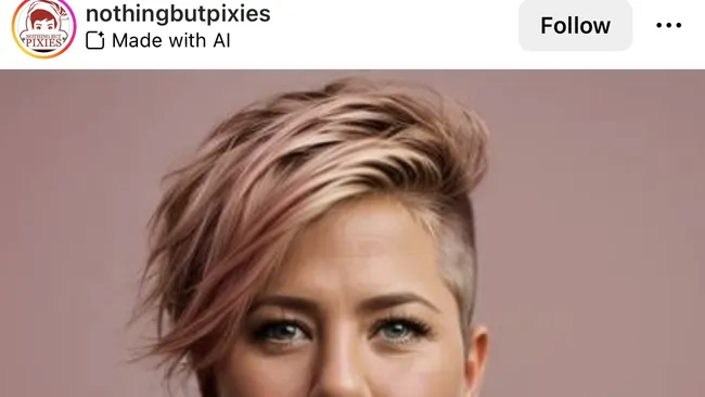 Instagram post from @nothingbutpixies tagged 'Made with AI' over a real, camera-shot portrait photo